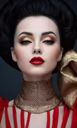 woman with red lipstick wearing a gold choker