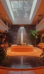a lobby area with plants, and people sitting on a couch in the background