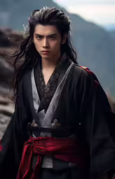 a man dressed in asian costume walks down the road,a man dressed in chinese costume on a mountain