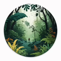 a painting of the inside of a forest with a man walking through it