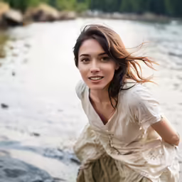 young woman smiling and leaning over edge of body of water