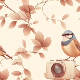 two birds are on a tree branch with leaves and one has a camera