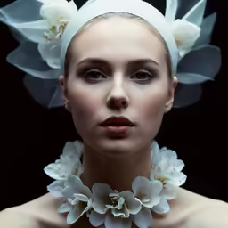 there is a woman wearing flowers on her collar