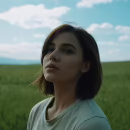 a beautiful young woman standing in a field of green grass
