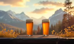 two glasses of light ale on a picnic table in a scenic mountain scene