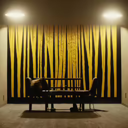 the wall in the lobby is yellow and black