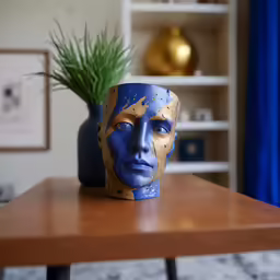 a vase with a face painted on it sitting next to a table