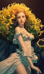 a digital painting of a woman sitting on a couch in front of a flower covered wall