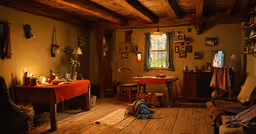 small rustic kitchen with wooden floors and a stove,a living room with a table and chairs