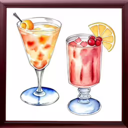 a framed picture with two glasses of beverages,a watercolor of two cocktails with orange and ice,a painting depicting cocktails, with a red frame,watercolor and ink painting of two drinks,a painting of some drinks on a table