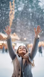 a young girl in the snow tossing her hands up