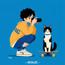 a person taking a photo of a cat and skate board