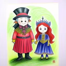 a painting on canvas of a cartoon characters holding hands,a drawing of two people with red hair and wearing costume