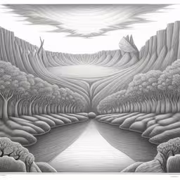 an artistic drawing of trees and water in a canyon,a surreal landscape is depicted with trees and hills,a drawing of a river is shown with mountains,a painting is in a black and white picture,an artwork print with a river running through trees