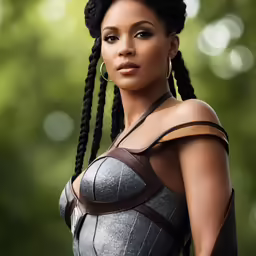 an african woman with braids wearing a leather outfit