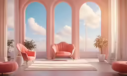 a room with some couches, a rug and a potted plant