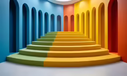 many colors are in this modern hallway with a round light