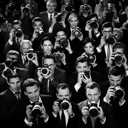 people with cameras are looking up at the sky