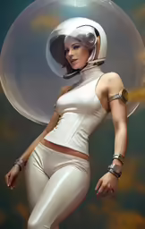 a woman wearing a white suit and helmet with a space suit