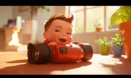 a young boy has his head out and is lying on the ground with a toy