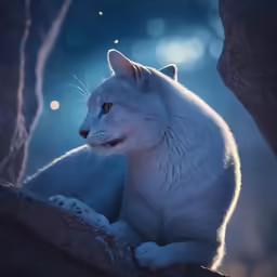 a white cat with yellow eyes looking at something