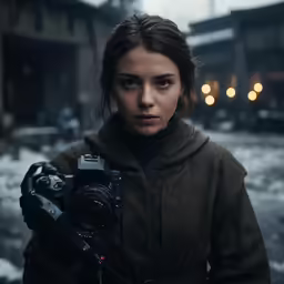 a woman holding a camera near a street