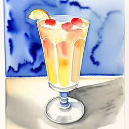 a drawing of a drink with orange and a garnish,there is a watercolor of a drink with a lemon on the rim