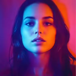 a young woman with glowing blue and red makeup
