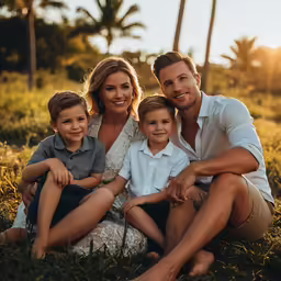 a young family poses for a photo with palm trees in the background