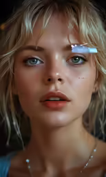 a beautiful blond haired woman with silver glittering on her eyes