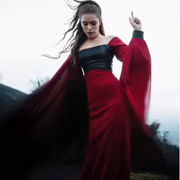a woman in a long dress with long flowing hair