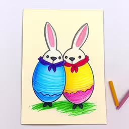 a drawing of two cartoon animals wearing easter clothes,an image of an easter card with two bunny rabbits in the front