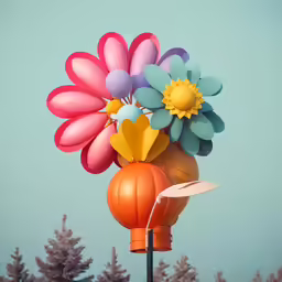 a large number of balloons on a pole near trees