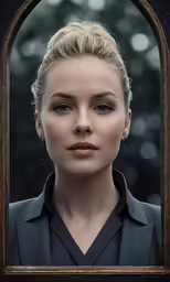 a woman in front of a mirror with a black shirt