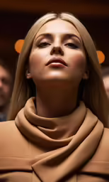 a woman wearing a scarf is standing with her head up