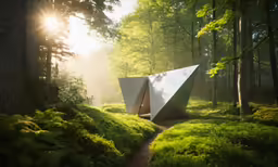 an artistic artwork surrounded by some plants and trees