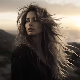 a woman with long hair standing on top of a mountain,a beautiful woman with long hair in the air