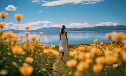 a woman standing in a field of flowers near water