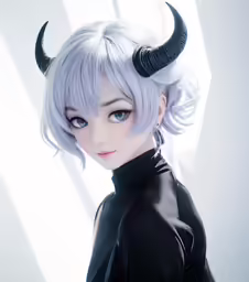 a woman with purple hair and black horns