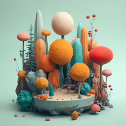 an artistic rendering of plants and mushrooms with a blue background