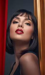 a beautiful woman with red lipstick, and red makeup