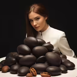 a woman standing behind a bunch of dark chocolate eggs