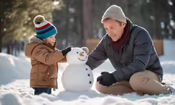 an older man and young child building a snowman