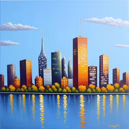 a painting of a city skyline reflecting in a water,a painting of a city next to a body of water,city reflection on the water with yellow trees,this is a painting of a city on the water,this painting shows the skylines of two cities at dusk