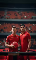 two men holding a basketball at a sporting event