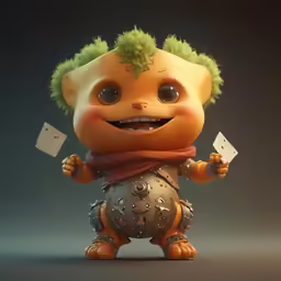 a trolly character with green hair holding a playing card