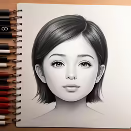 a drawing of a young girl with bangs and eyes