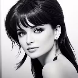 a young woman with her hair blowing back and looking at the camera