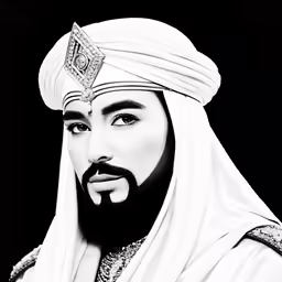 a man with a turban on in black and white