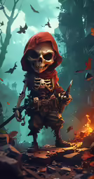 a skeleton standing on a rock in the woods with fire